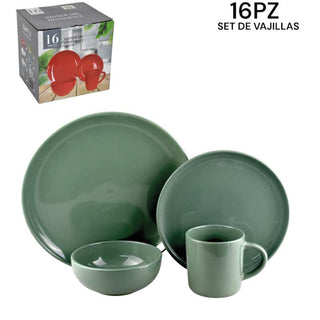Juego De Vajilla 16 Piezas, 4 Personas, Color Verde Oliva