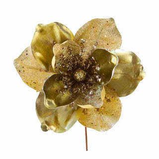 Flor De Navidad Magnolia Escarchada Metalizada 20 CM Color Dorado