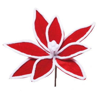 Flor Navideña Terciopelo Roja Borde Blanco 26 Cm