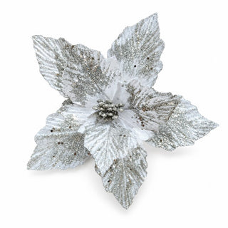 Velvet Christmas Flower, White and Silver, 28cm