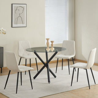 Juego De Comedor 4 Piezas, Sillas En Telas Color Crema, Mesa Metal y Vidrio