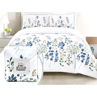 Edredón  Queen 5 piezas – blanco / azul marino / verde - Microfibra