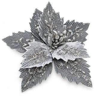 Flor De Navidad Velvet Escarchada Color Plateado, 30 Cm