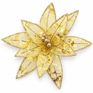 Flor De Navidad Transparente Color Dorado Brillante 30 Cm