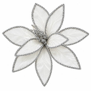 Flor De Navidad Metalizada Color Blanco 30 Cm