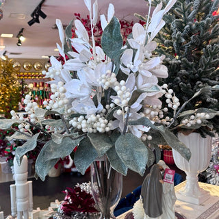 Rama De Navidad Hojas Nevadas Brillantes de Bayas Blancas 80 CM