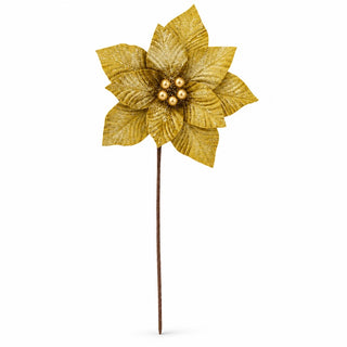 Flor De Navidad Efecto Nevado Color Dorado, 25 Cm