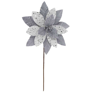 Flor De Navidad Velvet Con Lentejuelas Color Plata/Blanco, 30 Cm