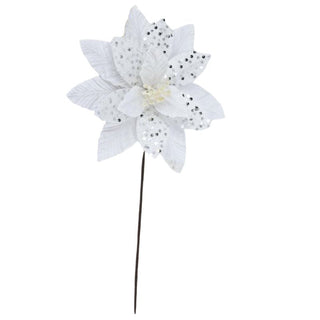 Flor De Navidad Velvet Con Lentejuelas Color Blanco, 30 Cm