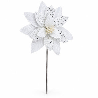 Flor De Navidad Velvet Con Lentejuelas Color Blanco, 30 Cm
