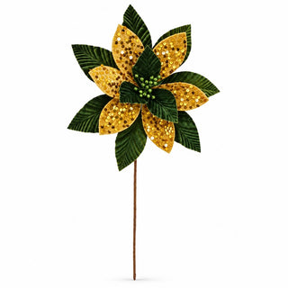 Velvet Christmas Flower with Green/Gold Sequins, 30cm