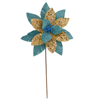 Flor De Navidad Velvet Con Lentejuelas Color Aqua/Champan, 30 Cm