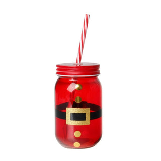 Vaso De Vidrio Mason Jar Con Tapa Motivo Santa Con Pitillo 450 ML, Color Rojo