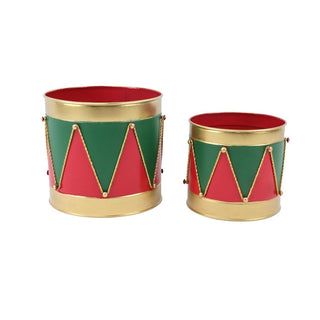 Juego de 2 maceteros navideños tipo tambor de 12,7 y 15,9 cm – rojo / verde / dorado