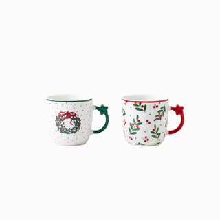 Taza navideña de porcelana con corona o muérdago, surtida de 9 cm – rojo / verde