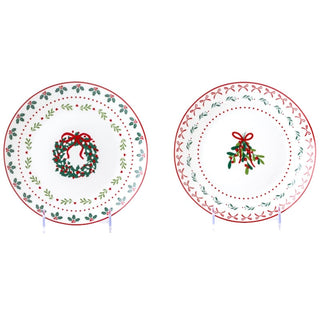 Plato de porcelana con corona navideña de 20,3 cm – blanco / rojo