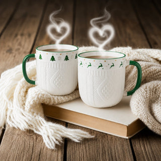 Taza de navidad blanca con diseño de árbol o reno, surtida de 8,8 cm – verde – vista 2