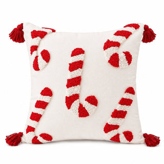 Cojín navideño blanco con bastones de caramelo de 45 cm – rojo