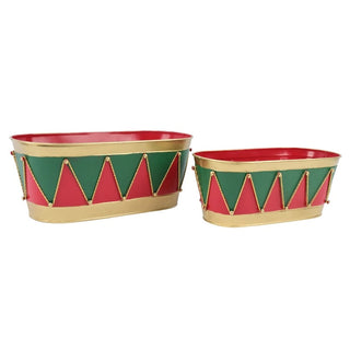Juego de 2 maceteros navideños tipo tambor de 13,3 y 15,9 cm – rojo / verde / dorado