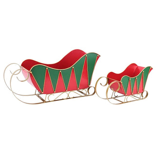 Juego de 2 trineos navideños de metal de 11,4 × 18,4 × 31,8 cm – rojo / verde / dorado