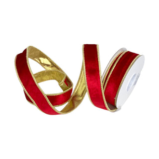 Cinta navideña de terciopelo doble tono 1 cm × 6 metros - color rojo/dorado