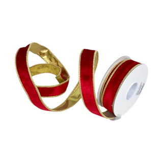 Cinta navideña de terciopelo doble tono 1 cm × 6 metros - color rojo/dorado