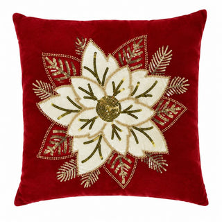 Cojín Navideño De Terciopelo Poinsettia 45 Cm - Color Rojo