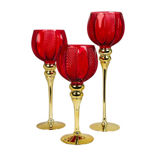 Juego de portavelas de vidrio 12 cm - base dorada calix color rojo