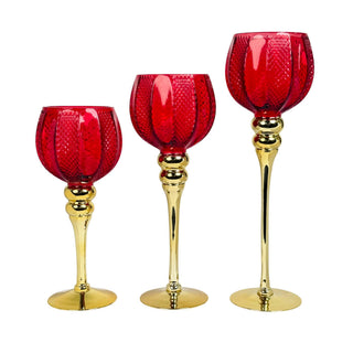 Juego de portavelas de vidrio 12 cm - base dorada calix color rojo