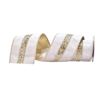 Cinta navideña de terciopelo con canutillos 4.3 cm - color beige/dorado