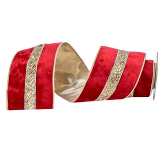 Cinta navideña de terciopelo con canutillos 4.3 cm - color rojo/dorado