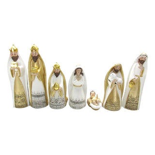 Nacimiento de 7 figuras blanco y dorado de 23,5 cm