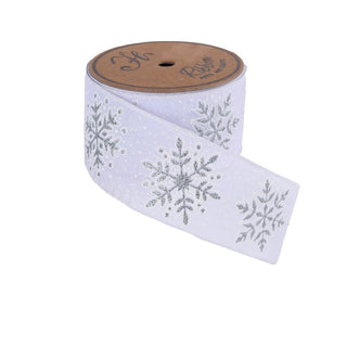 Cinta navideña blanca con copos plateados de 6,3 cm × 10 yardas