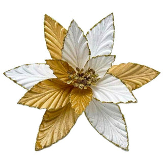 Flor De Navidad Velvet Borde Escarchado Color Blanco/Dorado, 26 Cm