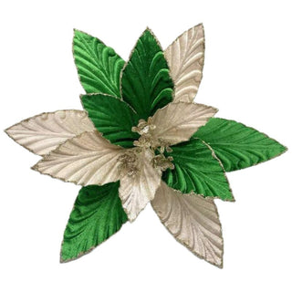 Flor De Navidad Velvet Borde Escarchado Color Verde/Champan, 26 Cm