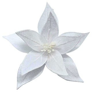 Flor De Navidad Velvet Borde Escarchado Color Blanco, 26 Cm