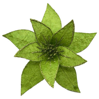 Flor De Navidad Velvet Borde Escarchado Color Verde Manzana, 26 Cm