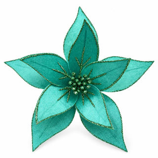 Flor De Navidad Velvet Borde Escarchado Color Aqua, 26 Cm