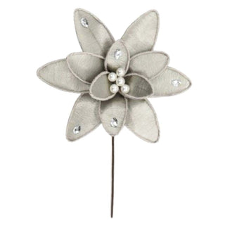 Flor De Navidad Velvet Con Perlas Blancas Color Plata, 27 Cm