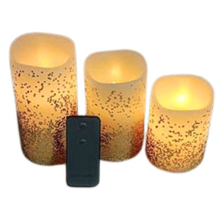 Set de 3 Velas Color Ivory Luz Led Cálida Con lentejuelas Doradas a Control Remoto