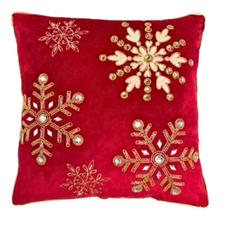 Cojin De Navidad Bordado Color Rojo Con Copos Dorados 45x45 Cm