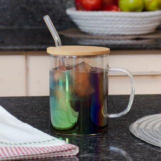 Taza De Vidrio Con Pitillo 3 Piezas 450 ML Iridiscente