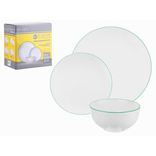 Juego De Vajilla De Porcelana Color Blanco Borde Linea Verde 12 Piezas, 4 personas