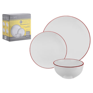 Juego De Vajilla De Porcelana Color Blanco Borde Linea Roja 12 Piezas, 4 personas