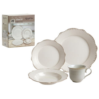 Juego De Vajilla De Porcelana Color Blanco Borde Dorado Metalizado Con Rayas a Relieve, 20 Piezas, 4 personas