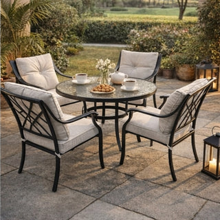Juego De Terraza 5 Piezas En Acero Con Mesa De Vidrio y Cojines Acolchados