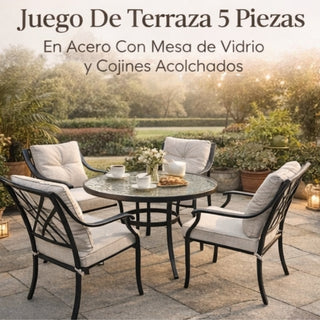 Juego De Terraza 5 Piezas En Acero Con Mesa De Vidrio y Cojines Acolchados