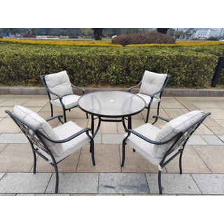 Juego De Terraza 5 Piezas En Acero Con Mesa De Vidrio y Cojines Acolchados