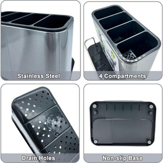 Organizador De Utensilios Acero Inoxidable 4 Compartimientos Con Drenaje