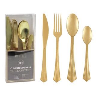 Cubiertos desechables 16 piezas 17.8/18/17.2/12.9 cm – dorado